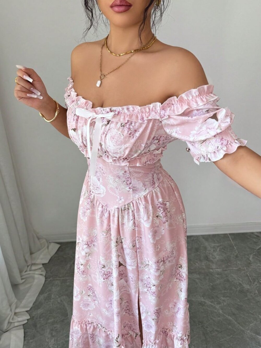 Pink Boho Women's Off-Shoulder Ruffle Bow A-Line Floral Dress - Picture 3 of 10